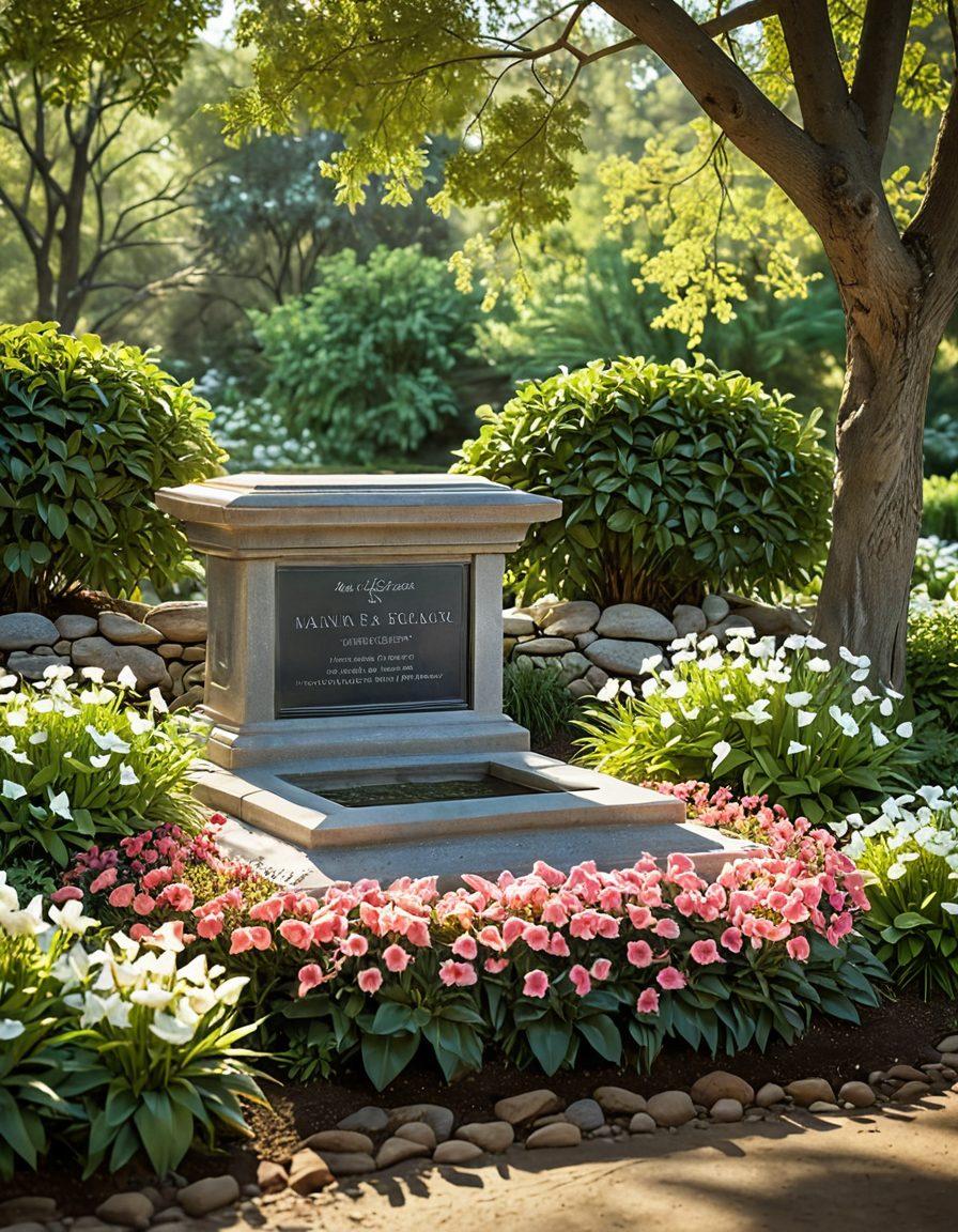 A serene landscape featuring a beautifully designed personalized memorial, surrounded by blooming flowers and soft light filtering through trees. Include a heartfelt message engraved on the memorial stone and butterflies fluttering nearby, symbolizing freedom and peace. A gentle stream flows in the background, enhancing the tranquil atmosphere. The scene conveys a sense of remembrance and honoring loved ones lost. super-realistic. vibrant colors. soft focus.
