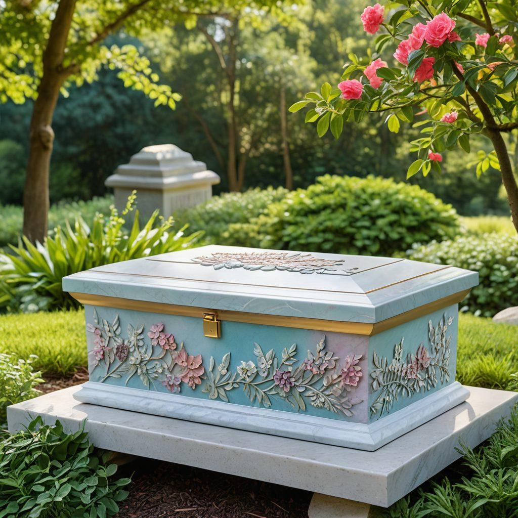 A serene landscape showcasing a variety of memorial options including a custom casket adorned with intricate designs, a sleek eco-friendly biodegradable urn surrounded by lush greenery, and a beautiful natural stone memorial with flowers. The sky is painted in soft pastel colors, evoking a sense of peace and reflection, while gentle sunlight filters through the trees. ethereal and calming. vibrant colors. super-realistic.